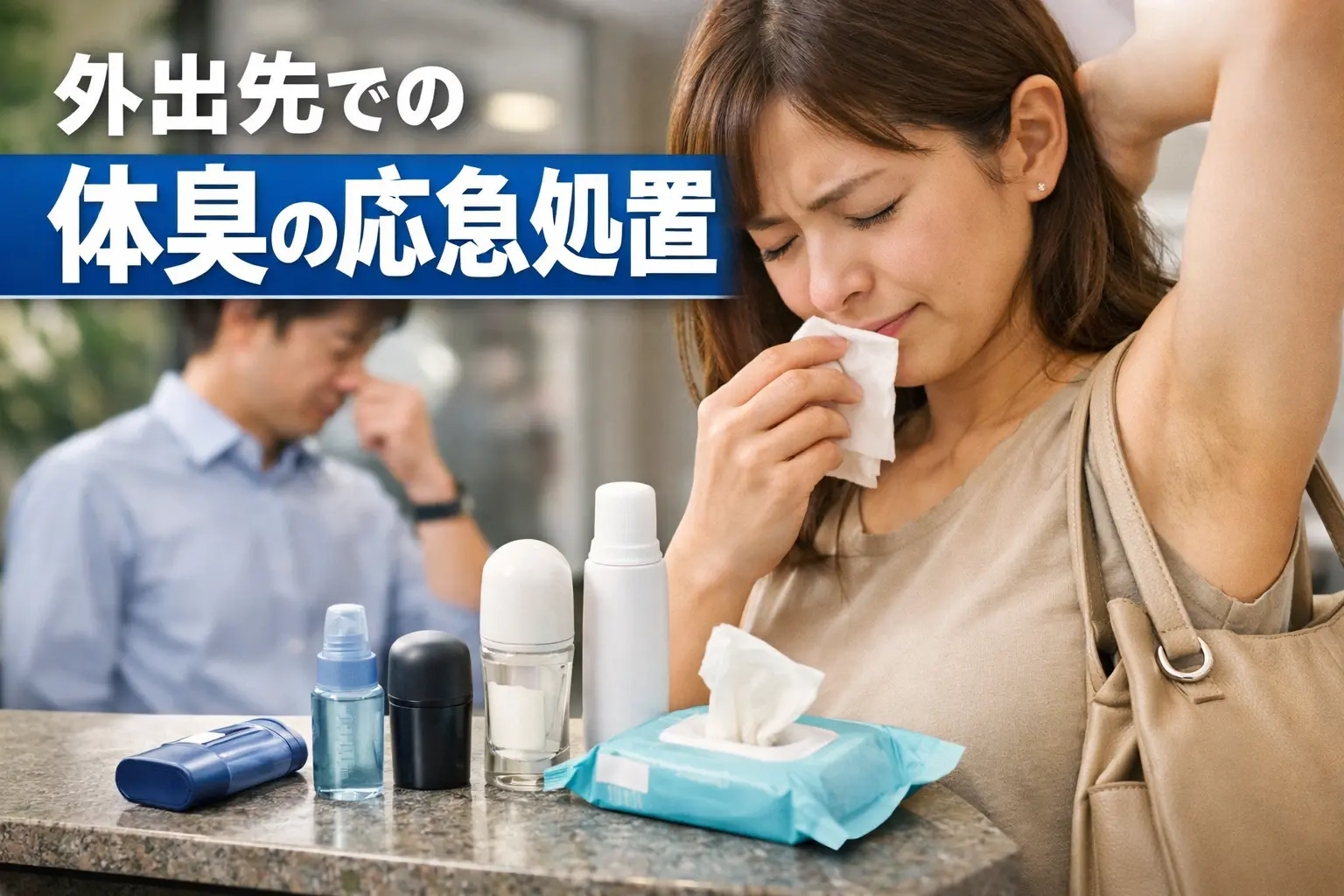 外出先で体臭の応急処置をする女性