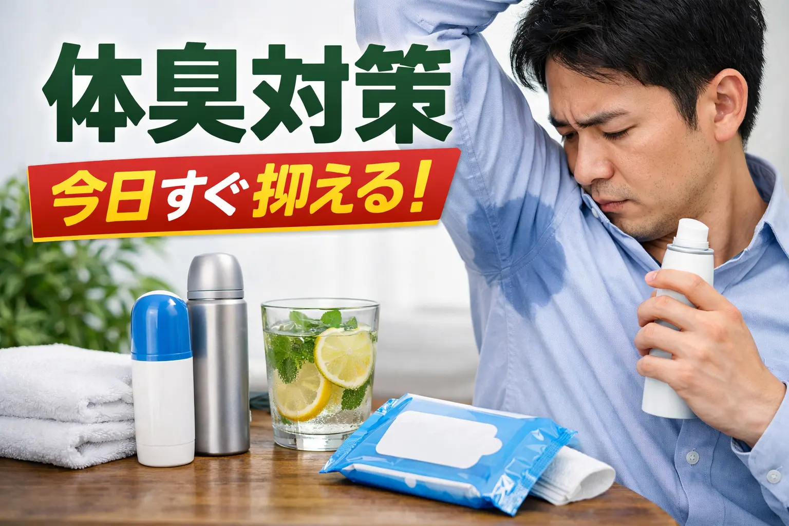 ワキの臭いを消そうとグッズを試している男性