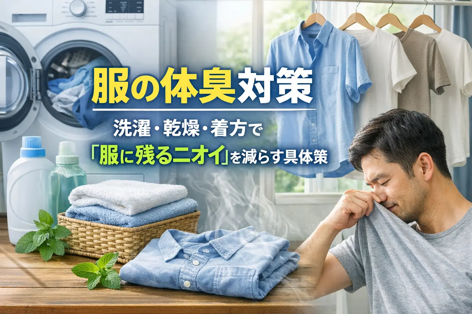 服の臭いを嗅ぐ男性